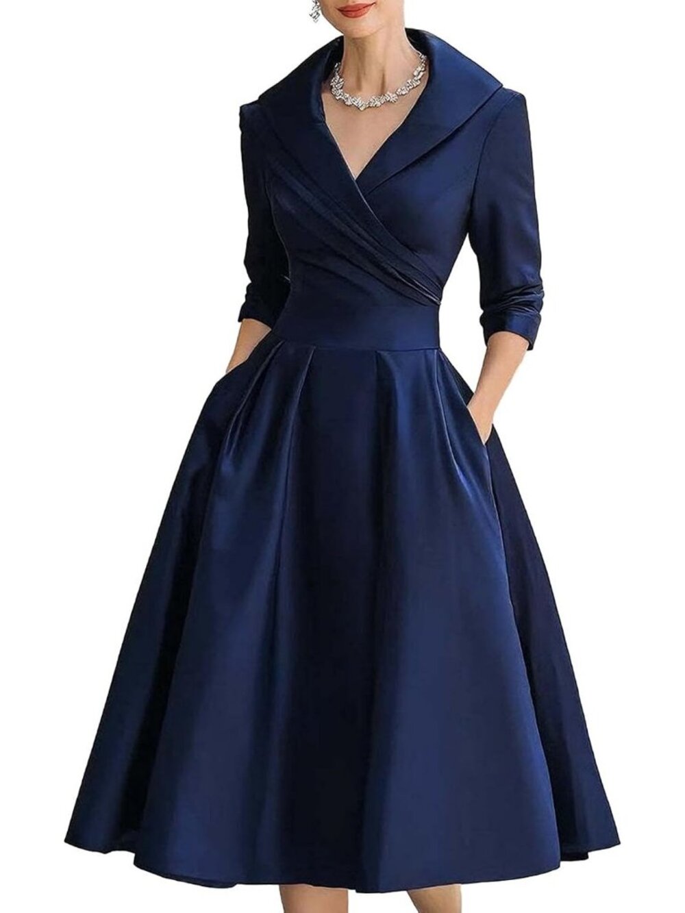 Women's Dark Blue Long Sleeve V-Neck Silky Casual Elegant Midi Church Dress